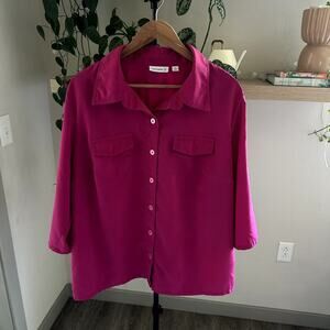 Susan Graver Womens 1X Hot Pink Blouse Bell Sleeve Button Up Plus Size Top
